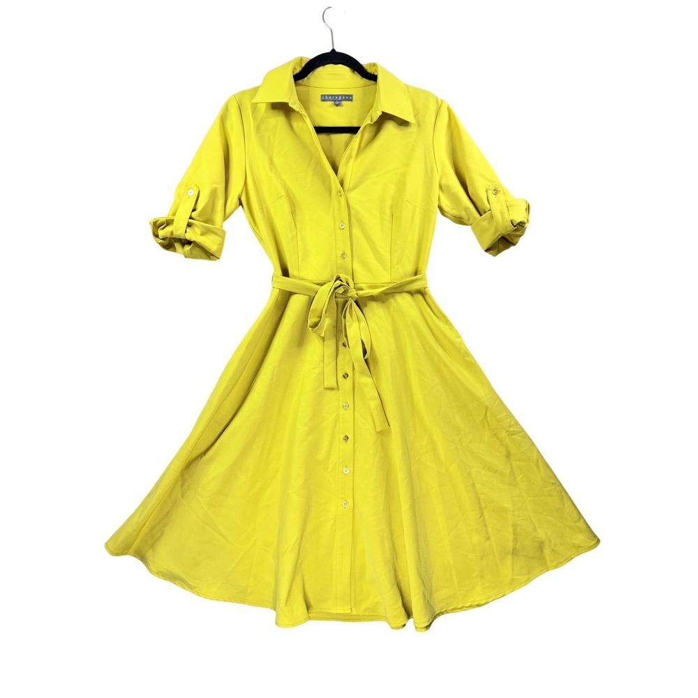 Sharagano Chartreuse Yellow Button Down Roll Tab Sleeve Belted Shirt Dress 6